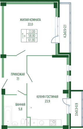 Планировка 1-комн 61,8 м²