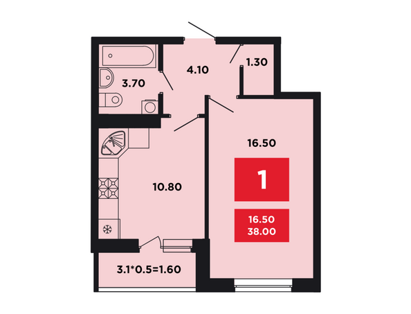 Планировка 1-комн 38 м²