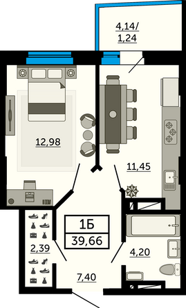 Планировка 1-комн 39,34, 39,49 м²