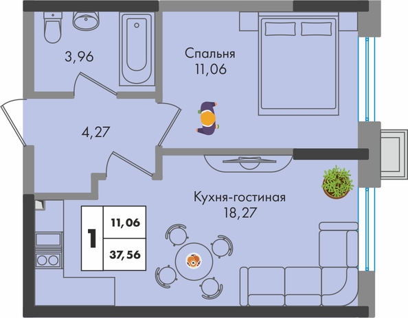 Планировка 1-комн 37,56 м²