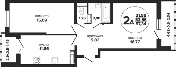 Планировка 2-комн 57,34 м²