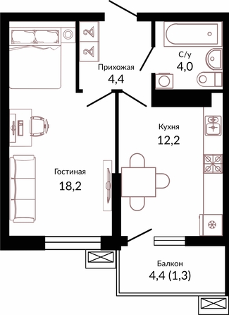 Планировка 1-комн 40,1 м²