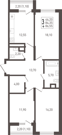 Планировка 3-комн 86,55 м²