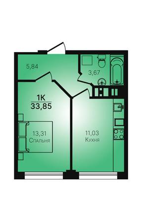 Планировка 1-комн 33,85 м²
