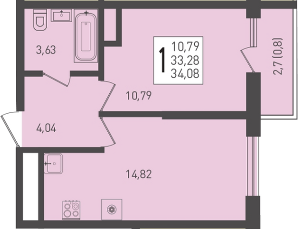 Планировка 1-комн 34,08 м²