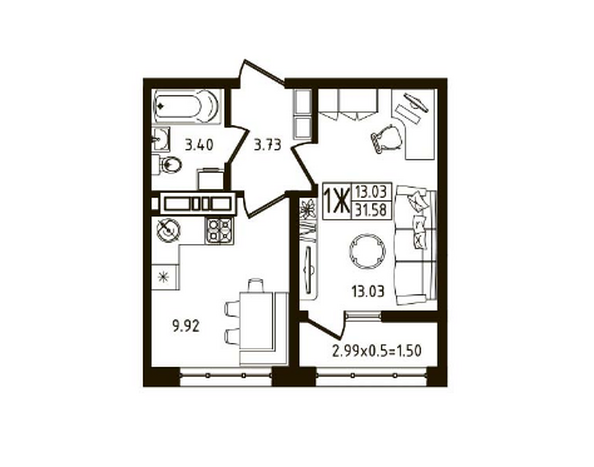 Планировка 1-комн 31,6 м²