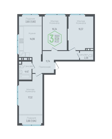 Планировка 3-комн 87,38 м²