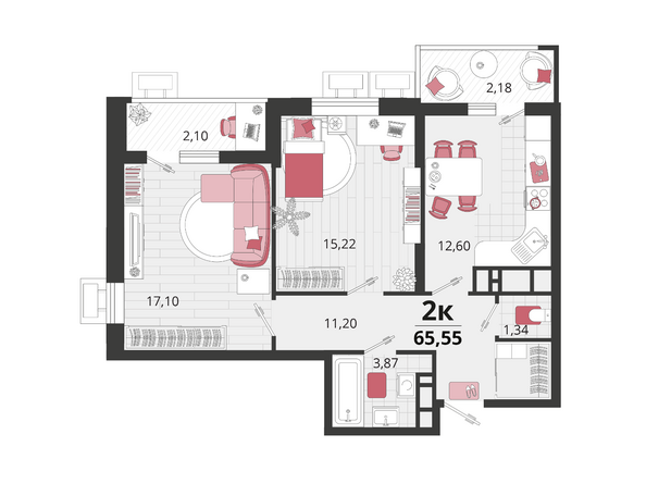 Планировка 2-комн 65,55 м²