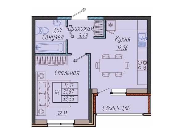 Планировка 1-комн 33,53 м²