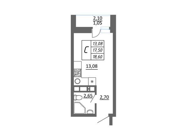 Планировка 1-комн 18,6 м²