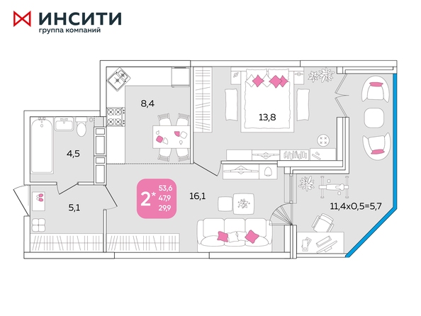 Планировка 2-комн 53,6 м²