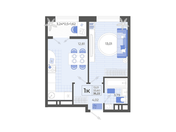 Планировка 1-комн 35,22 м²