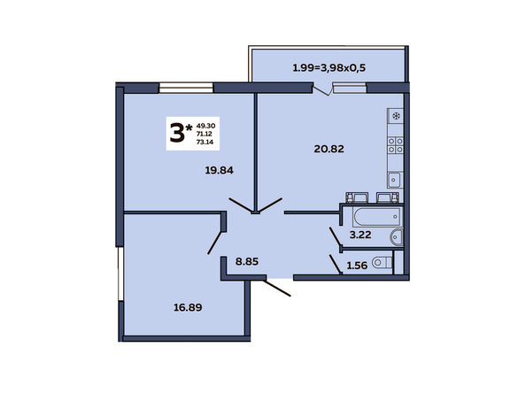 Планировка 3-комн 73,14 м²