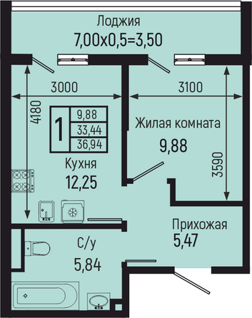 Планировка 1-комн 36,94 м²