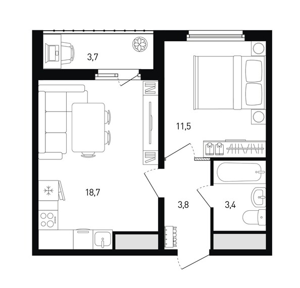 Планировка 1-комн 39,3 - 40,2 м²