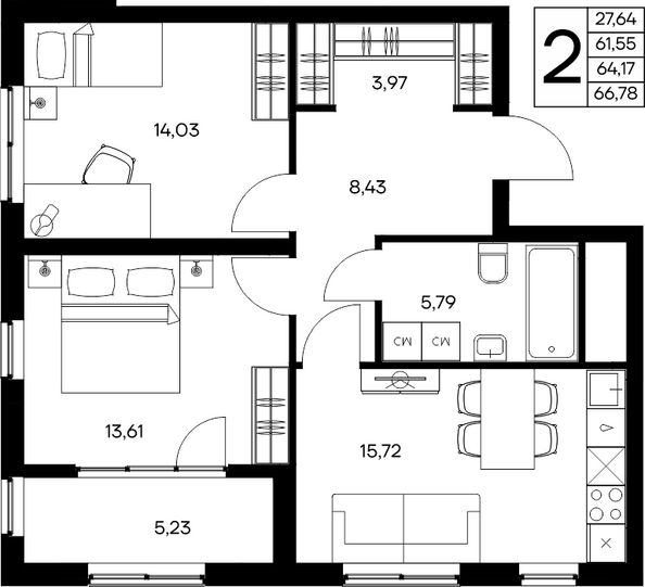 Планировка 2-комн 66,78 м²