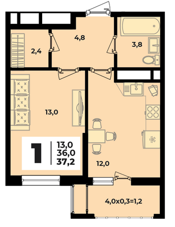 Планировка 1-комн 37,2 м²