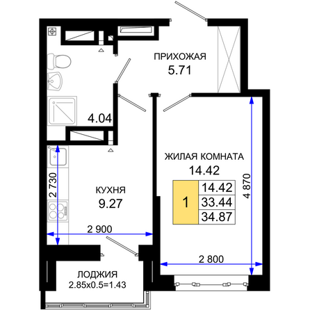 Планировка 1-комн 34,87 м²