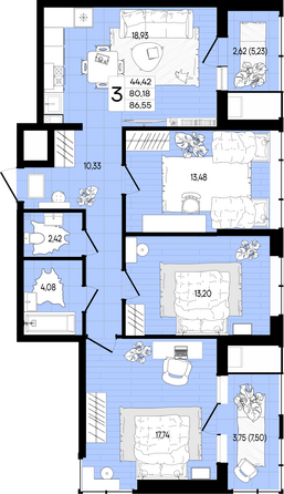 Планировка 3-комн 86,68 м²