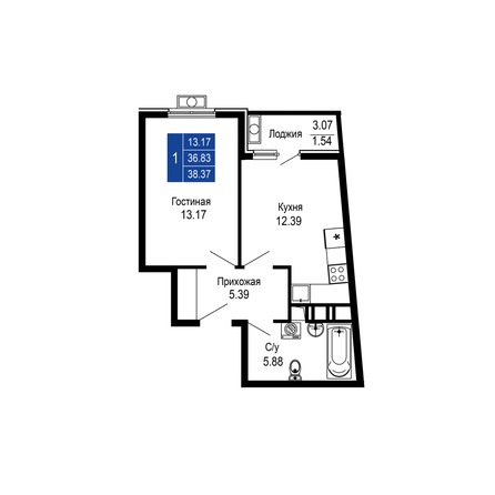 Планировка 1-комн 38,37 м²