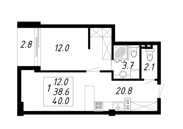 Планировка 1-комн 40 м²