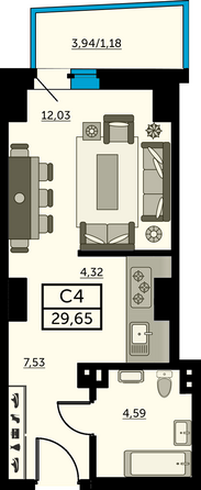 Планировка Студия 29,21 - 29,44 м²