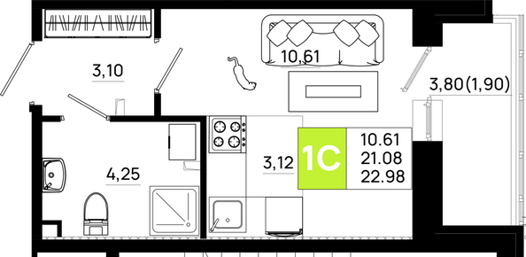 Планировка Студия 22,98 м²