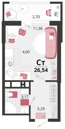 Планировка 1-комн 26,54 м²