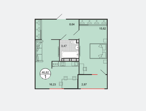 Планировка 1-комн 46,82 м²