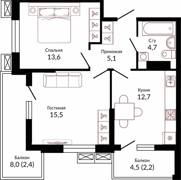 Планировка 2-комн 56,2 м²