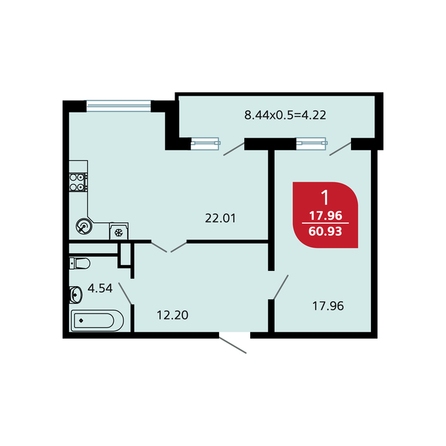 Планировка 1-комн 60,93 м²