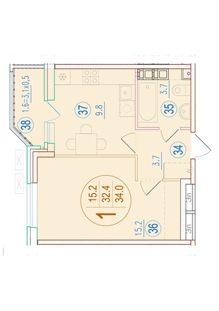 Планировка 1-комн 34 м²