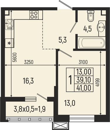 Планировка 1-комн 41 м²