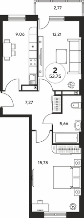 Планировка 2-комн 53,46 - 53,75 м²