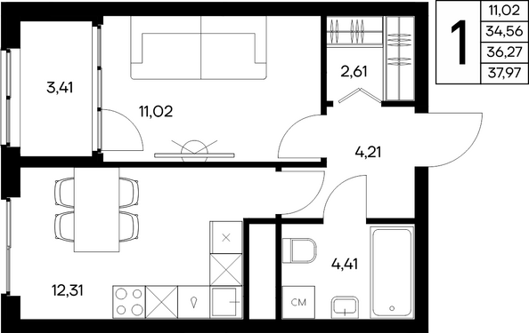 Планировка 1-комн 37,97 м²