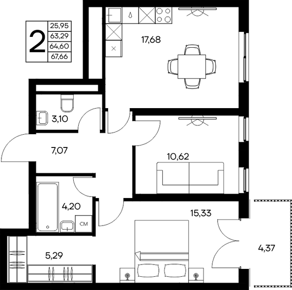 Планировка 2-комн 67,66 м²