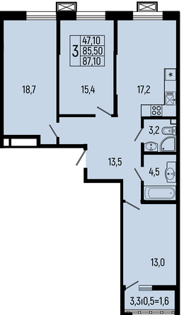 Планировка 3-комн 86,6 - 87,1 м²