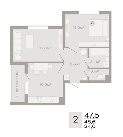 Планировка 2-комн 47,5 м²