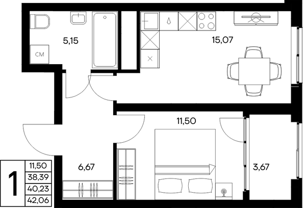 Планировка 1-комн 42,06 м²