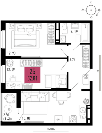 Планировка 2-комн 52,81 м²