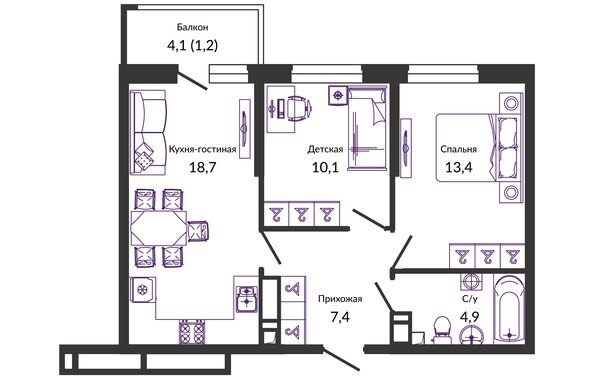 Планировка 2-комн 55,7 м²