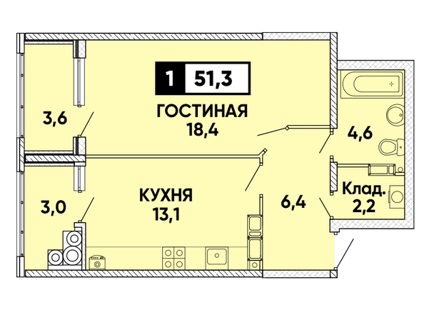 Планировка 1-комн 51,3 м²