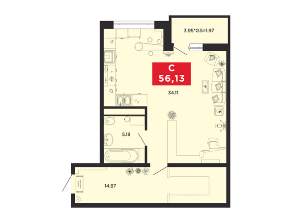 Планировка Студия 56,13 м²