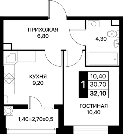 Планировка 1-комн 32,1 м²