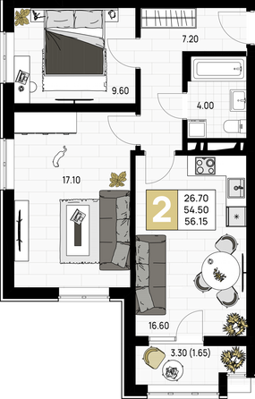 Планировка 2-комн 56,15 м²