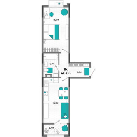 Планировка 1-комн 46,65 м²