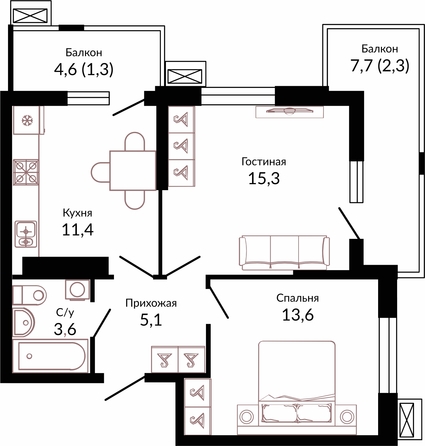 Планировка 2-комн 52,6 м²