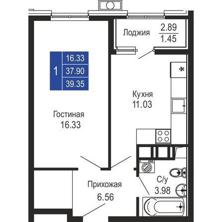 Планировка 1-комн 39,35 м²