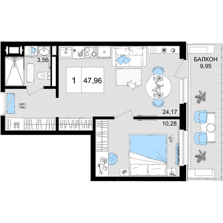Планировка 1-комн 47,96 м²