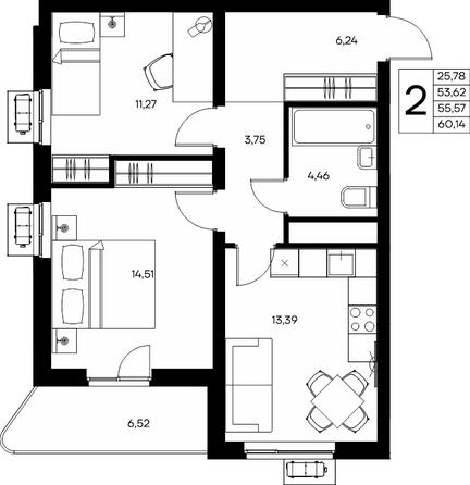 Планировка 2-комн 60,14 м²